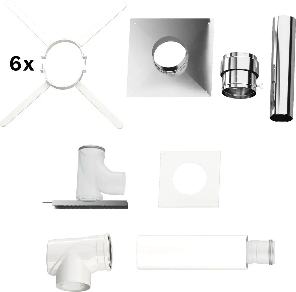 Verschiedene Bauteile für Abgasanlagen, inklusive Rohren, Winkeln und Verbindungselementen. Teil eines Zubehörsets für Heizsysteme, kompatibel mit Bosch-Produkten.